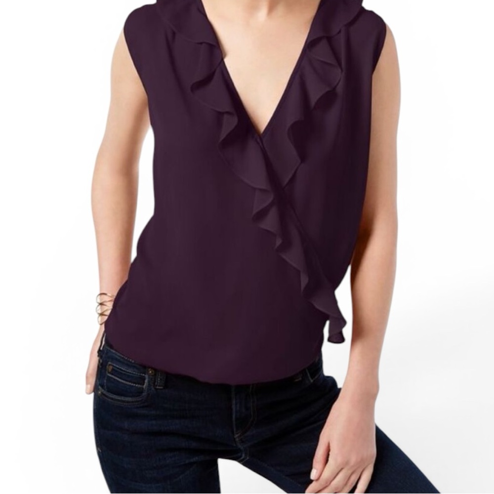 INC International Concepts Women's Sleeveless Ruffled Blouse in Aubergine (M)